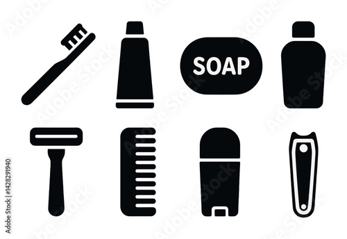 Personal hygiene icon set – solid style grooming, sanitation, and skincare symbols for daily routines: toothbrush, toothpaste, soap, shampoo, razor, comb, deodorant, nail clipper.