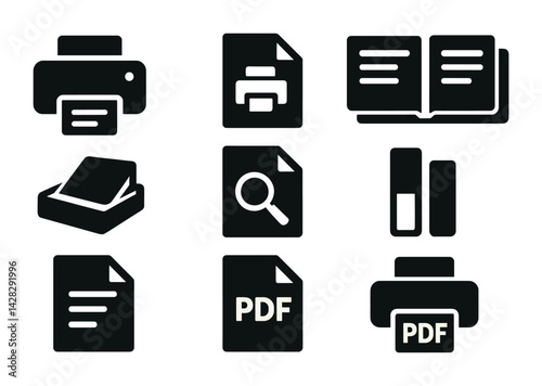 Document management solid icons set – silhouette style office, digital organization, and file handling symbols: printer, document, pdf, search, book, folder