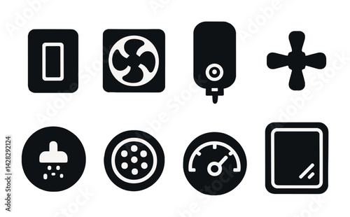 Home appliance solid icons set – filled style for efficient process visualization: switch, fan, heater, knob, shower, drain, speedometer, window