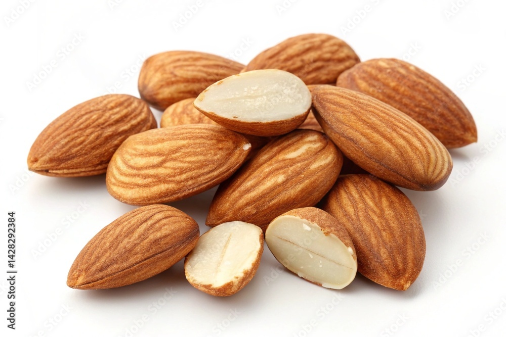Scrumptious Almonds: A Close-Up Reveal of Creamy Nutty Interiors Against a Pristine White Background, Perfect for Food Blogs, Packaging, and Culinary Designs. High-Resolution Image Ideal for Upscale