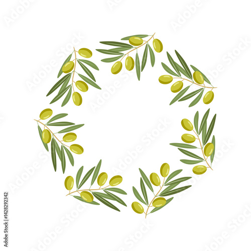 Olives wreath for Mediterranean or vegan diet. Olive twigs, berries round frame. Healthy food, natural organic cosmetics Vector flat illustration for invitation, label, advertisement, packaging