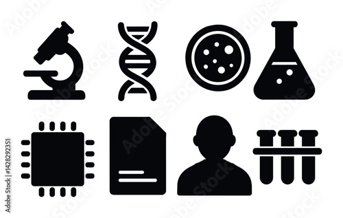 Science and laboratory silhouette icons set – solid style biology, chemistry, and research symbols for educational materials: microscope, dna, petri dish, beaker, microchip, profile, test tubes.