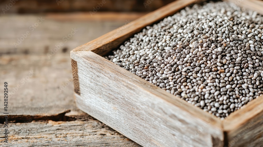 A close-up of a wooden box filled with small, gray seeds, resting on a rustic wooden surface. A close-up of a wooden box filled with small, gray seeds, resting on a rustic wooden surface.