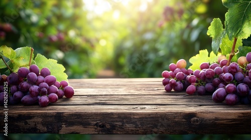 Wooden table with fresh grapes, featuring a nature-blurred background. --