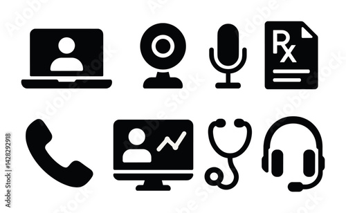 Telemedicine and healthcare communication icons set - solid style for remote consultation and digital health: laptop, webcam, microphone, prescription, phone, video call, stethoscope, headset
