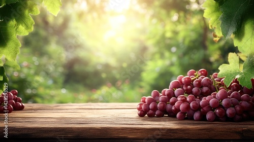 Wooden table with fresh grapes, fering a nature-blurred backgrouD