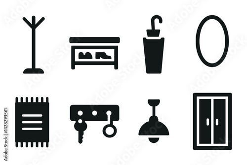 Home entryway essentials icons set – solid style foyer, organization, and decor symbols for interior design: coat rack, shoe bench, umbrella stand, mirror, mat, key holder, lamp, wardrobe.