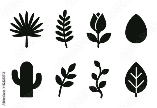 Nature and botany silhouette icons set – solid style floral, greenery, and plant design elements for eco projects: palm, olive, rose, droplet, cactus, branch, vine, leaf.