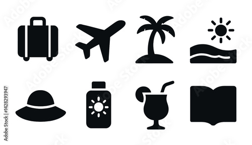 Summer vacation icon set – solid style beach, travel, and leisure symbols for holiday planning: suitcase, airplane, palm tree, sun, hat, sunscreen, cocktail, open book.