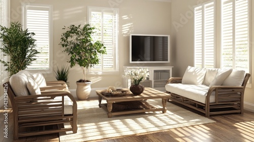 A cozy living room with natural light, plants, and comfortable seating for relaxation.