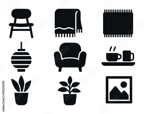 Home decor essentials silhouette icons set – solid style interior design, furniture, and cozy living symbols for home styling: chair, blanket, lamp, coffee cups, plant, art.
