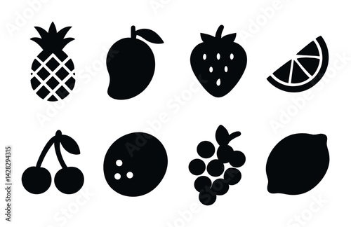 Wallpaper Mural Fruit silhouette icons set – solid style for healthy eating and diet concepts: pineapple, mango, strawberry, orange slice, cherry, coconut, grapes, lemon. Torontodigital.ca