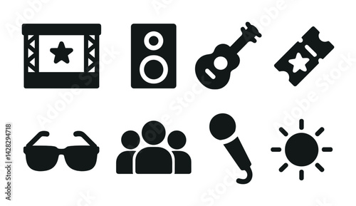 Music festival solid icons set – filled style concert, entertainment, and event elements for party planning: stage, speaker, guitar, ticket, sunglasses, crowd, microphone, sun.