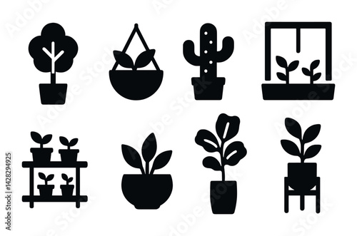 Gardening and plant care solid icon set – filled style horticulture, flora, and home decor symbols for green living: potted tree, hanging plant, cactus, greenhouse, plant rack.