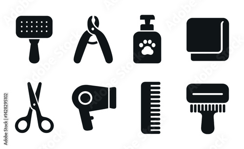 Pet grooming tools solid icons set – silhouette style for dog care and cat grooming: brush, nail clipper, shampoo bottle, towel, scissors, hair dryer, comb, rake.