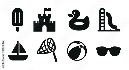 Beach and summer fun icons set – silhouette style leisure, vacation, and outdoor symbols for holiday planning: ice cream, sandcastle, rubber duck, waterslide, sailboat, net, beach ball, sunglasses.
