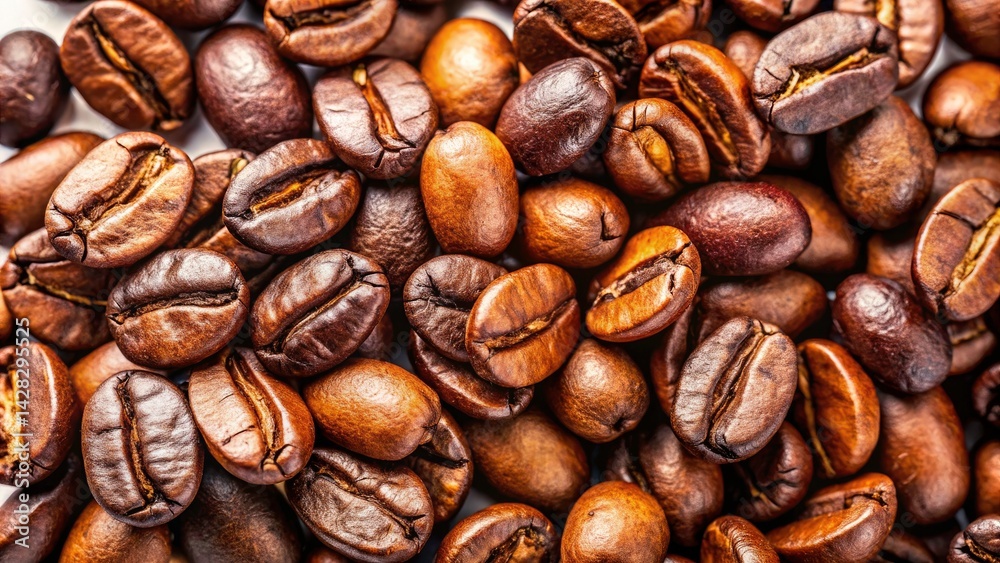Fototapeta premium Roasted Coffee Beans, Top View, White Background, Detailed Macro Photography, High-Resolution Image