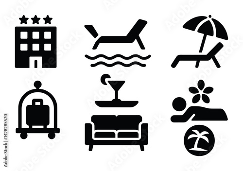 Luxury hotel and resort solid icons set – filled style hospitality, relaxation, and travel symbols for premium experiences: hotel, sunbed, cocktail, spa, luggage, umbrella.