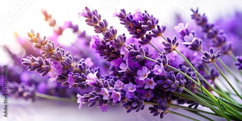 Romantic Lavender Macro Photography: Purple Flowers, Aromatic Buds, White Background