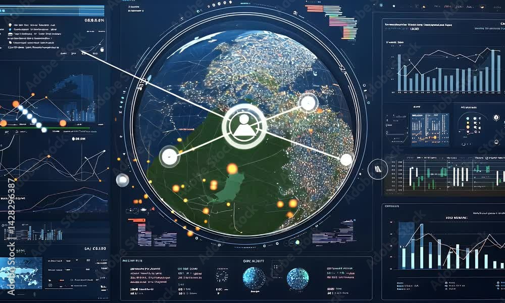 A digital world map with various data points and charts overlaying it, indicating global cyber attack monitoring through AI technology in the style of a science fiction film. The background is dark bl