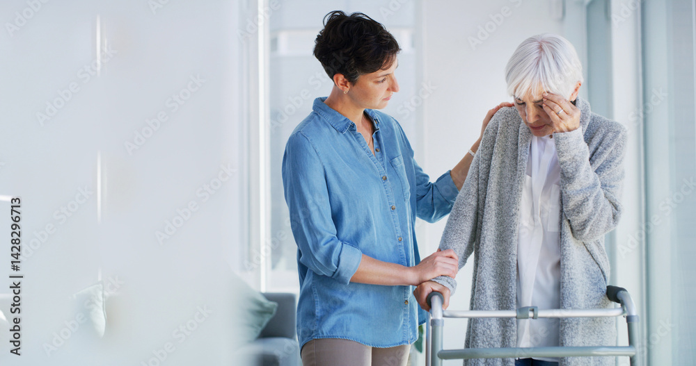 Senior woman, caregiver and walker with headache, comfort and support for care, stress and recovery. People, helping hand and elderly person with disability, rehabilitation and migraine in retirement