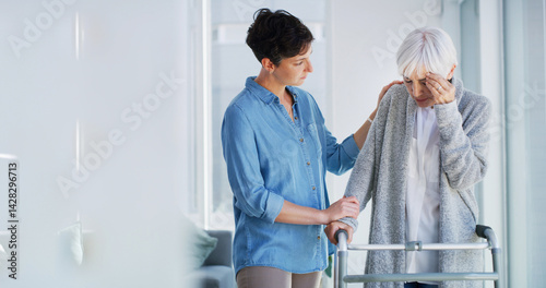 Obraz na płótnie Senior woman, caregiver and walker with headache, comfort and support for care, stress and recovery. People, helping hand and elderly person with disability, rehabilitation and migraine in retirement w salonie