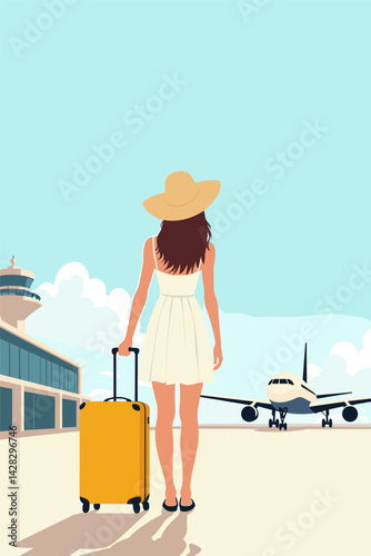 Vector illustration of a woman with yellow suitcase looking at airplane on runway near airport terminal, clear sky, summer holiday travel concept