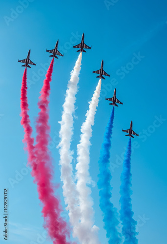 Jet planes performing aerial show with red white and blue smoke trails in clear sky for bastille day in france