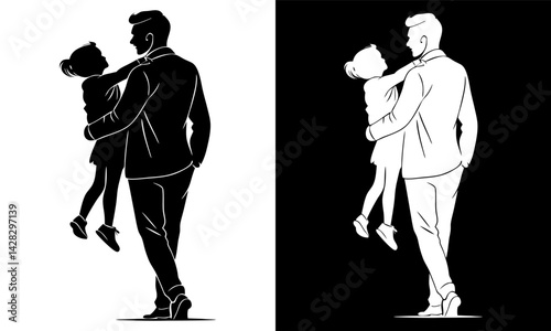 Shieouette  icon of Father and Child  in black and white colour. Father and daughter icon.Father day icon.