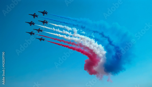 Military planes leaving red white and blue smoke arc in sky during bastille day celebration in france