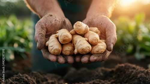 Soil-covered hands hold a pile of freshly dug ginger roots, highlighting the rewarding experience of manual labor in agriculture and the deep connection to natural food sources.