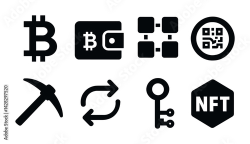 Cryptocurrency solid icons set – filled style for blockchain, finance, and digital transactions: bitcoin, wallet, blockchain, qr code, mining, transaction, key, nft.
