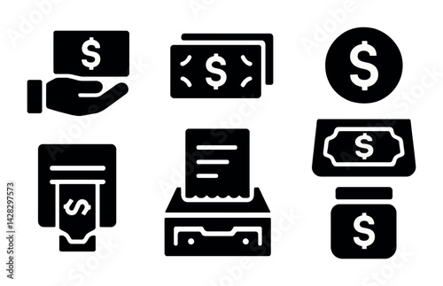 Financial symbols solid icon set - silhouette style currency, banking, and payment tools for business: money, banknote, dollar sign, atm, cash register, coin, payment slip.