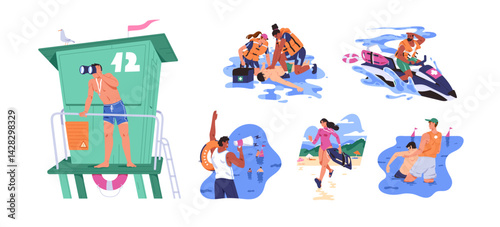 Set of lifeguard on the water. Beach guards are watching at people on sea, help drowning men and women and rescue lives. Safety on the ocean. Flat isolated vector illustrations on white background