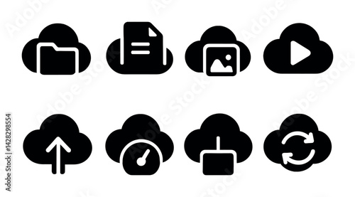Cloud computing solid icons set – filled style data storage, file management, and online sync symbols: folder, document, image, video, upload, speed, block, sync.