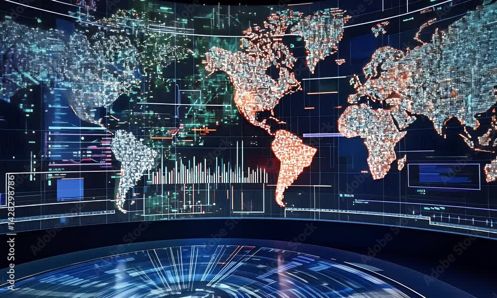 A digital world map with various data points and charts overlaying it, indicating global cyber attack monitoring through AI technology in the style of a science fiction film. The background is dark bl