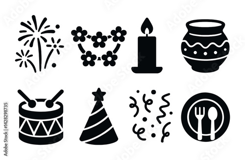 Festive celebration icon set - solid style holiday, event, and party symbols for festivity design: fireworks, flower garland, candle, clay pot, drum, party hat, streamers, dining plate.