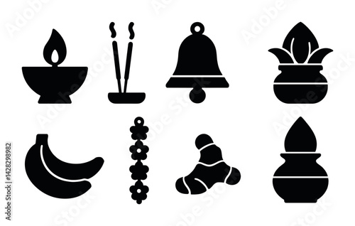 Traditional indian culture icon set – solid style symbols for festivals, rituals, and celebrations: diya, incense, bell, pot, banana, garland, ginger, kalash.