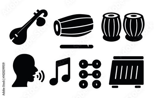 Traditional indian music silhouette icon set – solid style instruments and sound symbols for cultural projects: sitar, tabla, flute, vocal, music note, drums