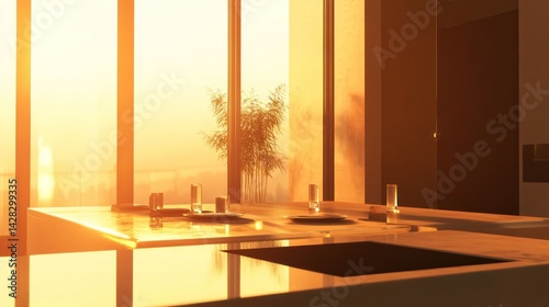 A sunlit modern kitchen with sleek countertops and a view of nature.