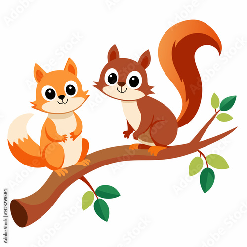 cute two squirrels enjoying on tree
