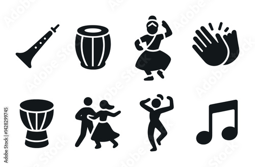 Traditional music and dance silhouette icons set – solid style cultural, celebration, and rhythm symbols for festive designs: clarinet, drum, dancer, clapping hands, music note, traditional drum,
