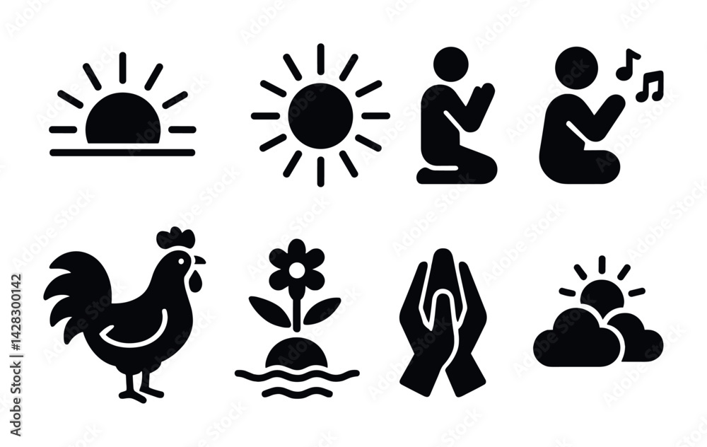Fototapeta premium Sunrise and morning rituals silhouette icons set – solid style meditation, spirituality, and nature symbols: sunrise, sun, meditation, prayer, rooster, flower, hands, clouds.