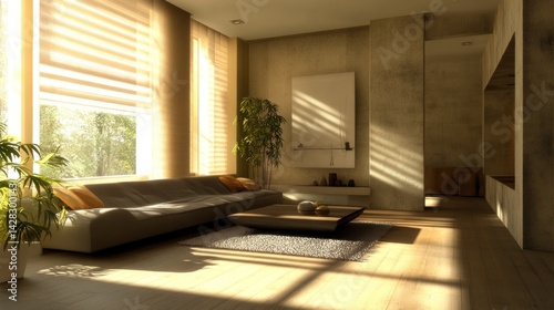 A modern, sunlit living room with minimalist decor and natural elements.