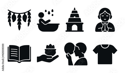 Mindfulness and self-care icon set – solid style meditation and wellness symbols for mental health awareness: yoga, spa, temple, gratitude, book, nature, reflection.