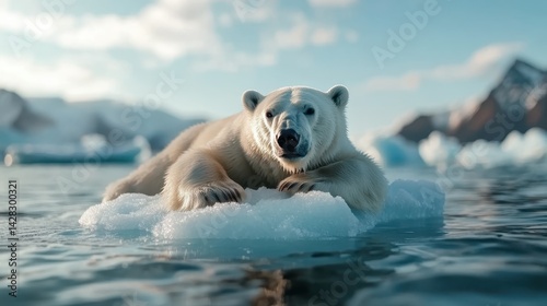 A serene polar bear lying on an ice floe amidst the breathtaking landscape, capturing the beauty of nature’s icy wonders and the grace of wildlife.