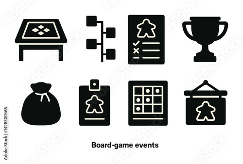 Board game event icons set – solid style tokens, trophies, and accessories for game night planning: board, tournament bracket, scorecard, trophy, game bag, badge, game board, signage