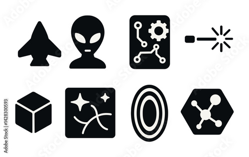 Futuristic technology solid icons set – silhouette style space, alien, and innovation symbols for sci-fi projects: spaceship, alien face, circuit, laser, cube, star constellation, portal, molecule.
