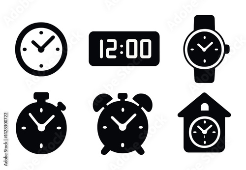 Time management solid icons set – silhouette style clocks, stopwatch, and alarm symbols for scheduling: wall clock, digital timer, wristwatch, stopwatch, alarm clock, house clock.