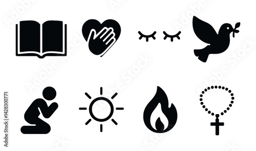 Spiritual and faith icon set – solid style spirituality, worship, and meditation symbols for inspiration: book, heart, prayer, dove, kneeling person, sun, flame, rosary.